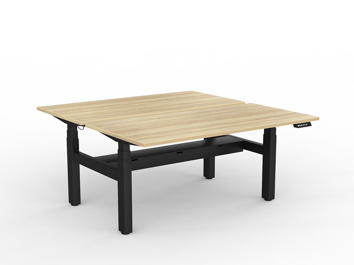 AgileMotion+ shared desk, Smooth New Oak worktop with Black frame and under-desk cable tray