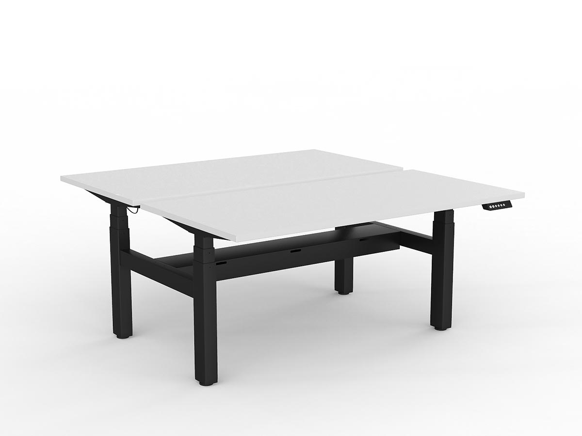 AgileMotion+ shared desk, Studio White worktop with Black frame and under-desk cable tray