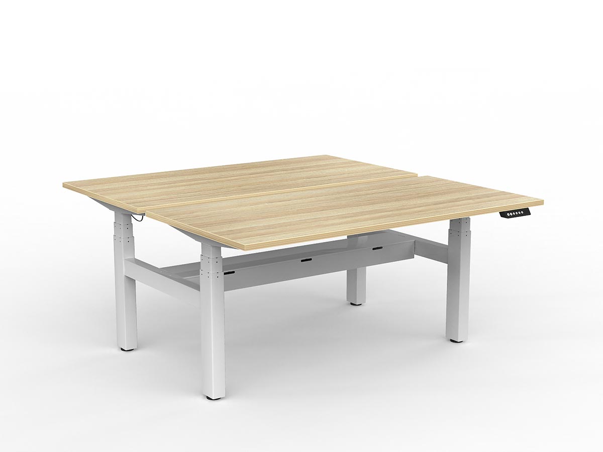 AgileMotion+ shared desk, Smooth New Oak worktop with White frame and under-desk cable tray