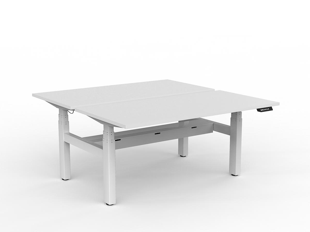 AgileMotion+ shared desk, Studio White worktop with White frame and under-desk cable tray