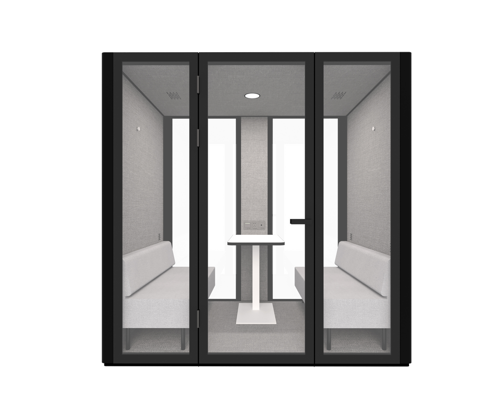 B.Quiet 2-4 Person Acoustic Meeting Pod — black exterior, dark grey interior