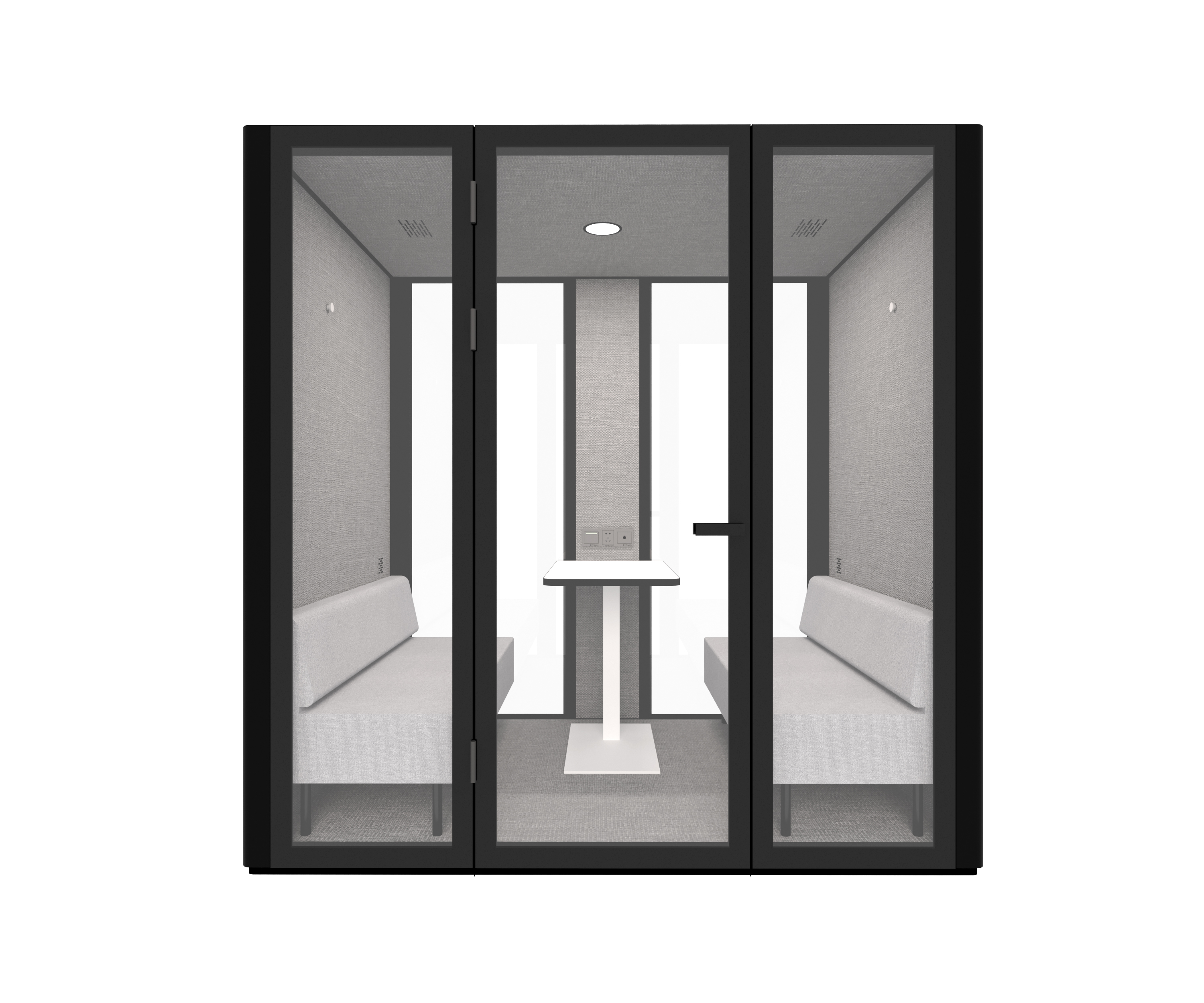 B.Quiet 2-4 Person Acoustic Meeting Pod — black exterior, dark grey interior