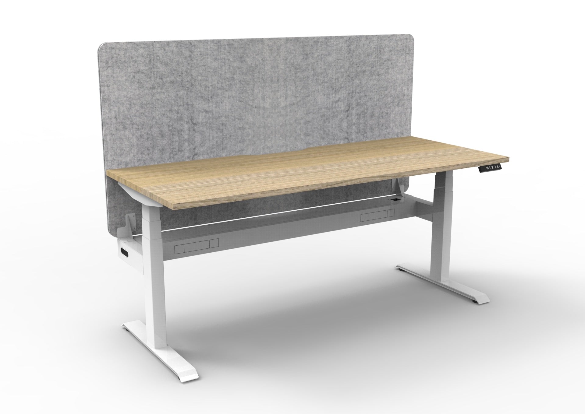 Boost+ Sit-Stand Desk — Natural Oak / White Frame — + Eco Panel Screen — Grey + Cable Tray