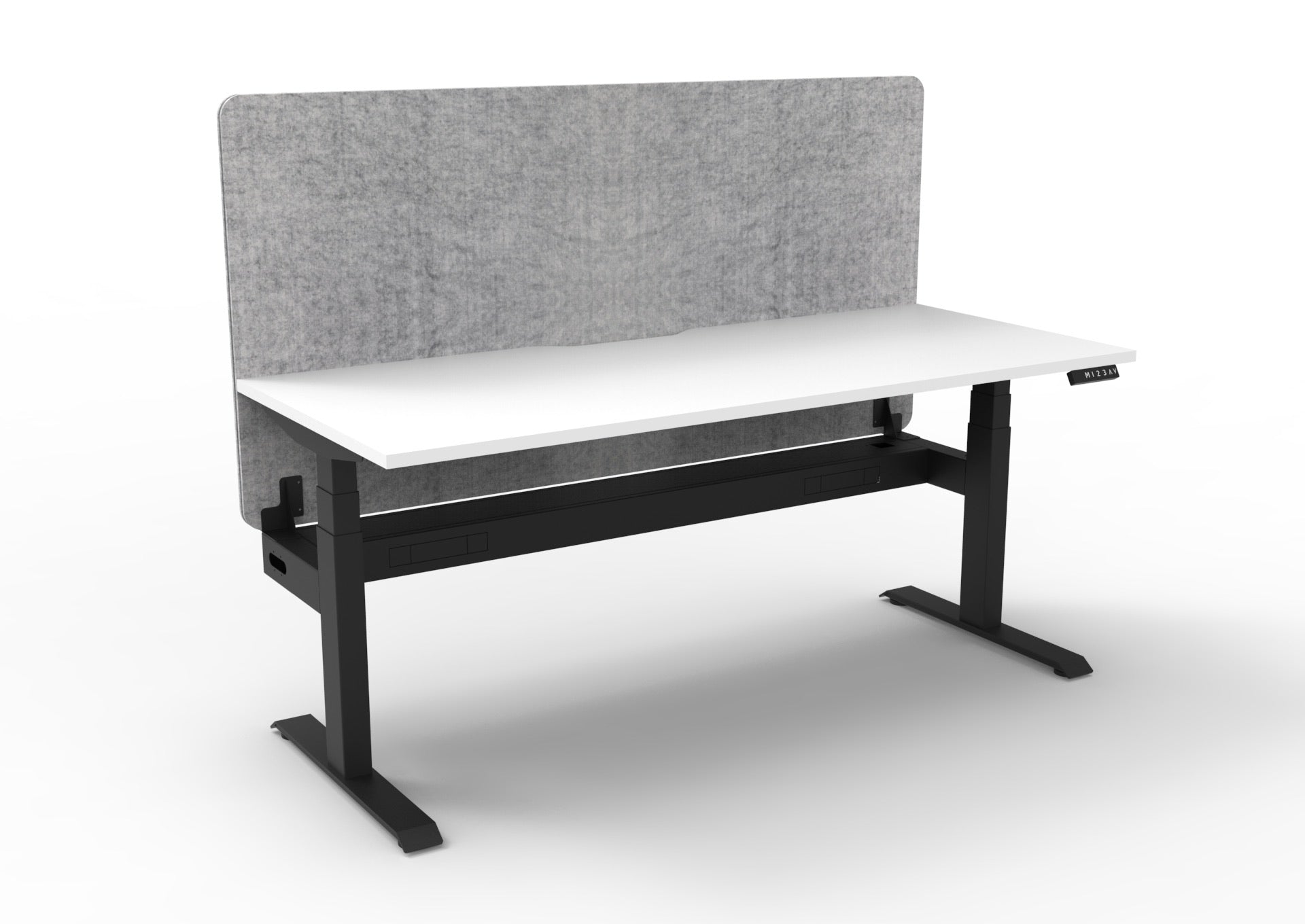 Boost+ Sit-Stand Desk — Natural White / Black Frame — + Eco Panel Screen — Grey + Cable Tray