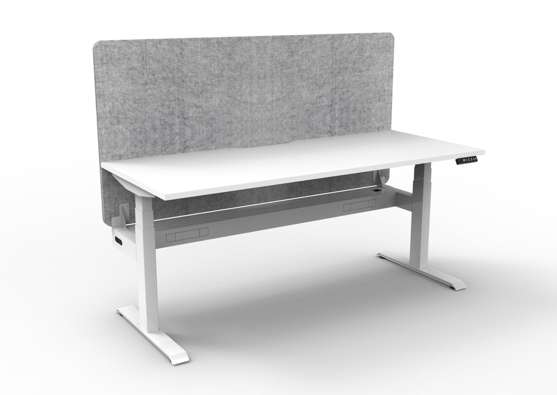 Boost+ Sit-Stand Desk — Natural White / White Frame — + Eco Panel Screen — Grey + Cable Tray